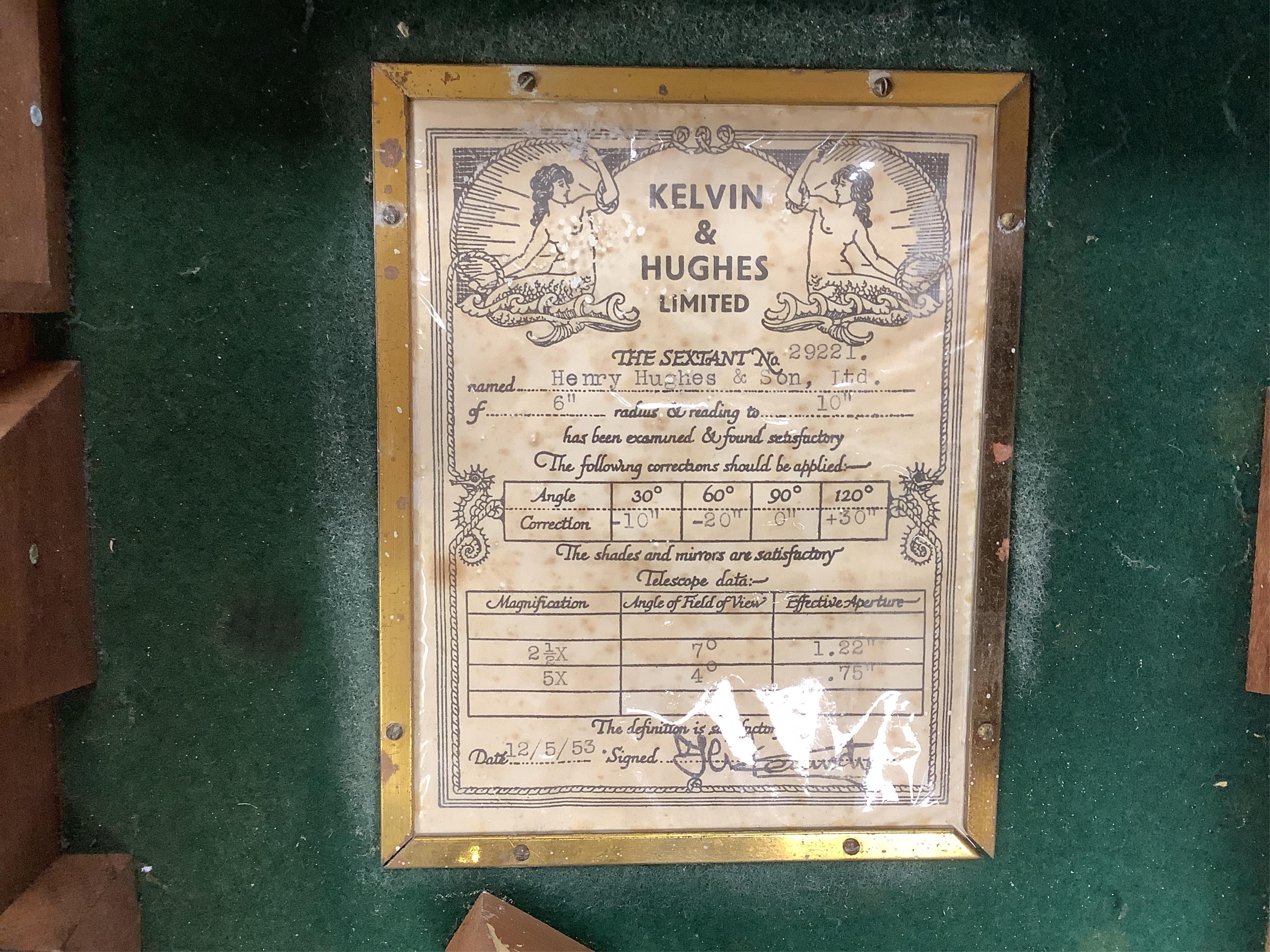 An early 20th century H. Hughes & Son Ltd. London, ‘Husun’ mahogany cased sextant, with engraved maker to the scale, also engrave serial number 29221, and with a battery pack for illuminating the scale, plaque to the ins